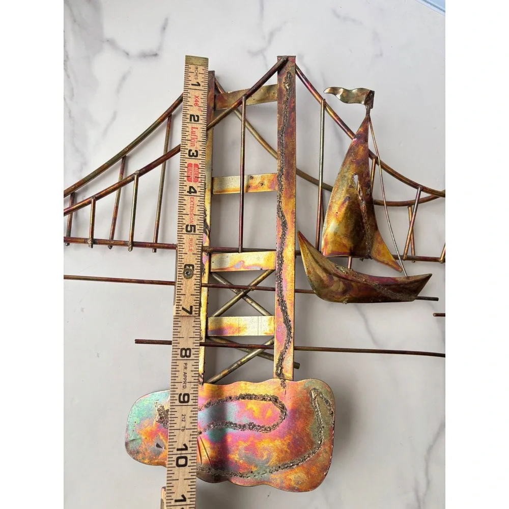 Vintage‎ Brutalist Metal Wall Art Golden Gate Bridge Sailboats MCM Copper Brass